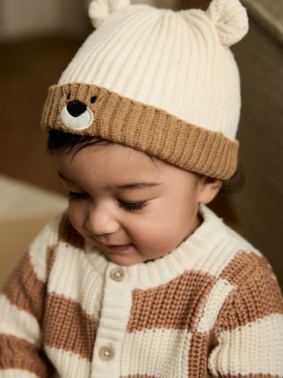 Next Brown Bear Face Ribbed Baby Beanie Hat (0mths-2yrs)