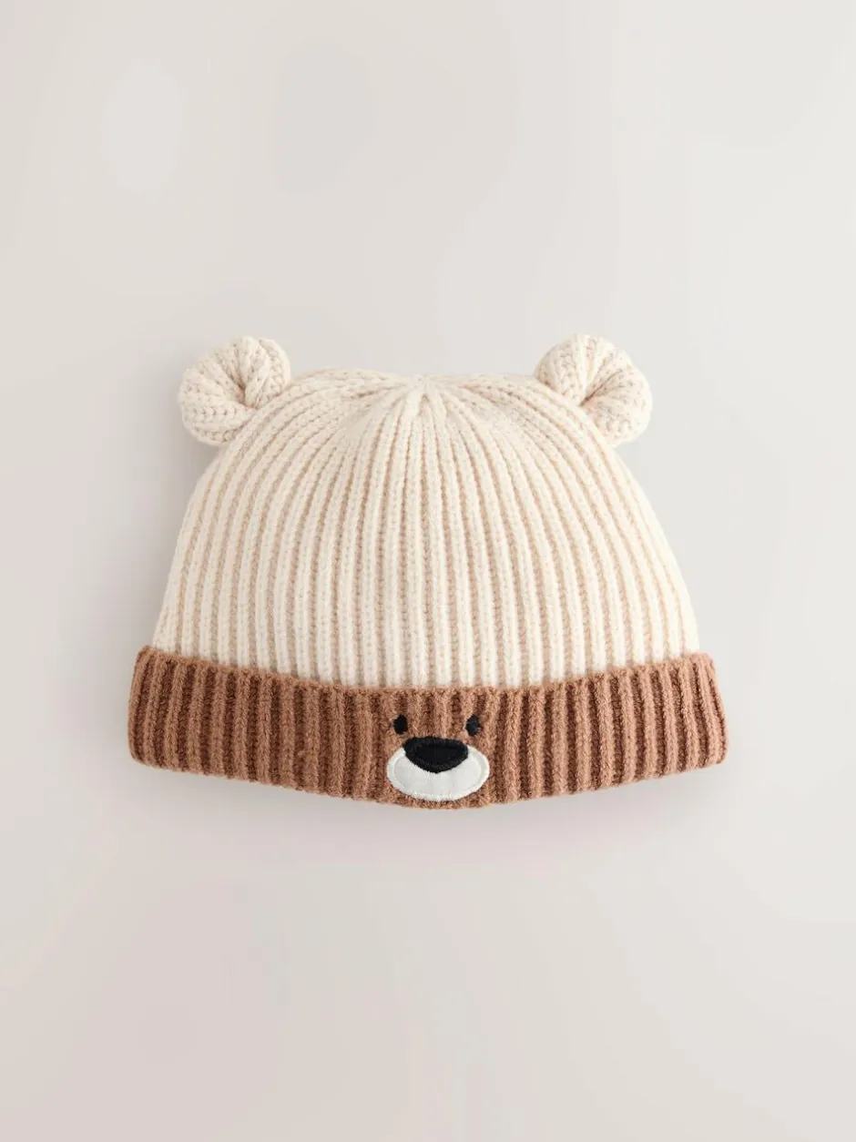 Next Brown Bear Face Ribbed Baby Beanie Hat (0mths-2yrs)