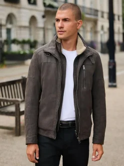 Next Brown Borg Lined Faux Leather Jacket