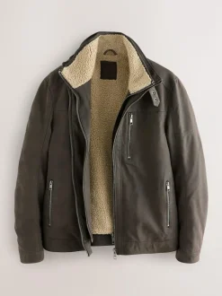 Next Brown Borg Lined Faux Leather Jacket