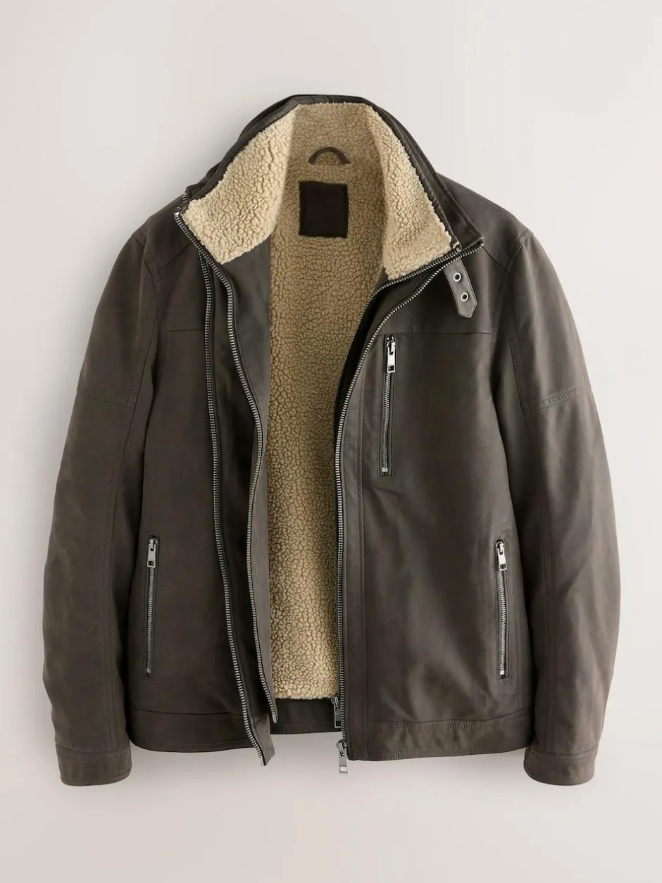 Next Brown Borg Lined Faux Leather Jacket