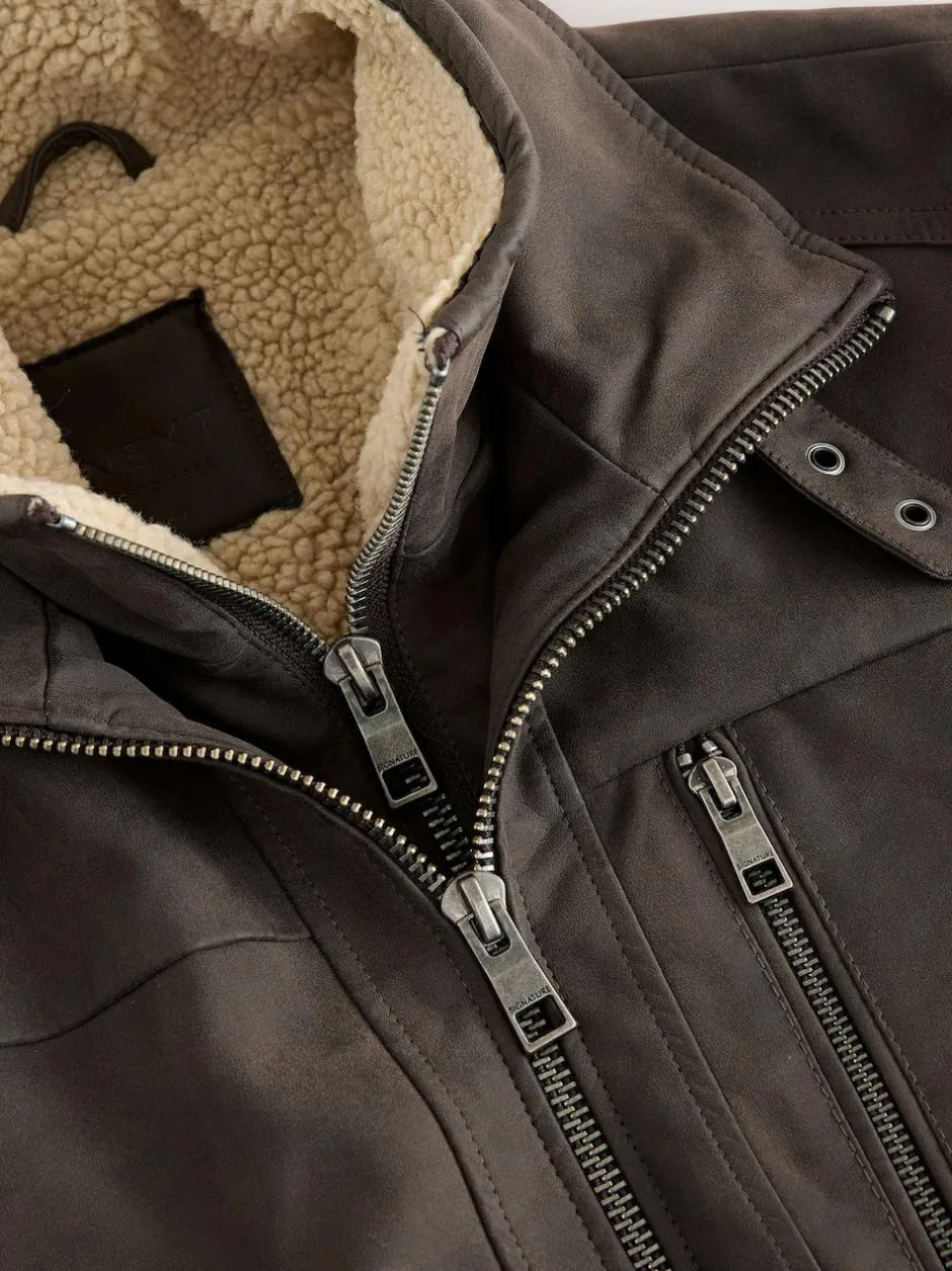 Next Brown Borg Lined Faux Leather Jacket