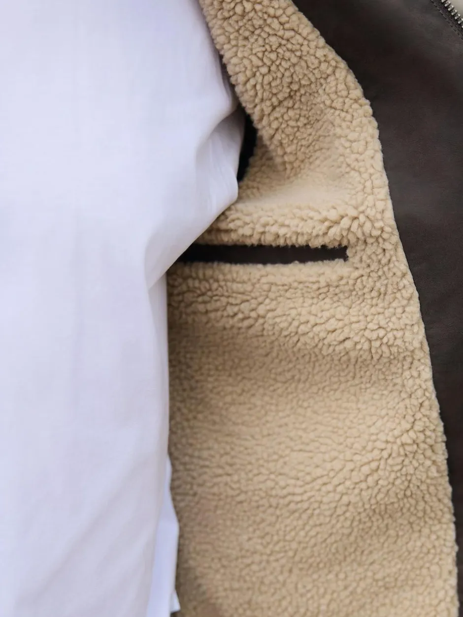 Next Brown Borg Lined Faux Leather Jacket