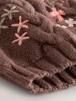Next Brown Floral Embroidered Pom Baby Beanie Hat (0mths-2yrs)