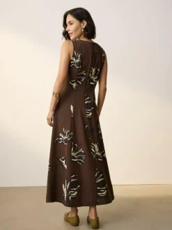 Next Sleeveless Column A-Line Maxi Dress Brown Floral Discount