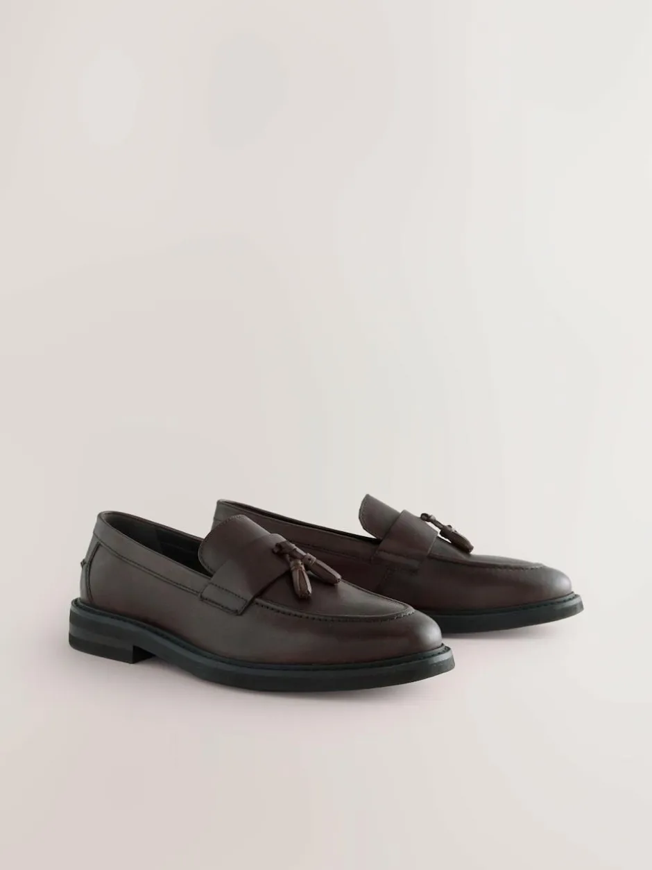 Next Leather Tassel Loafers Brown New