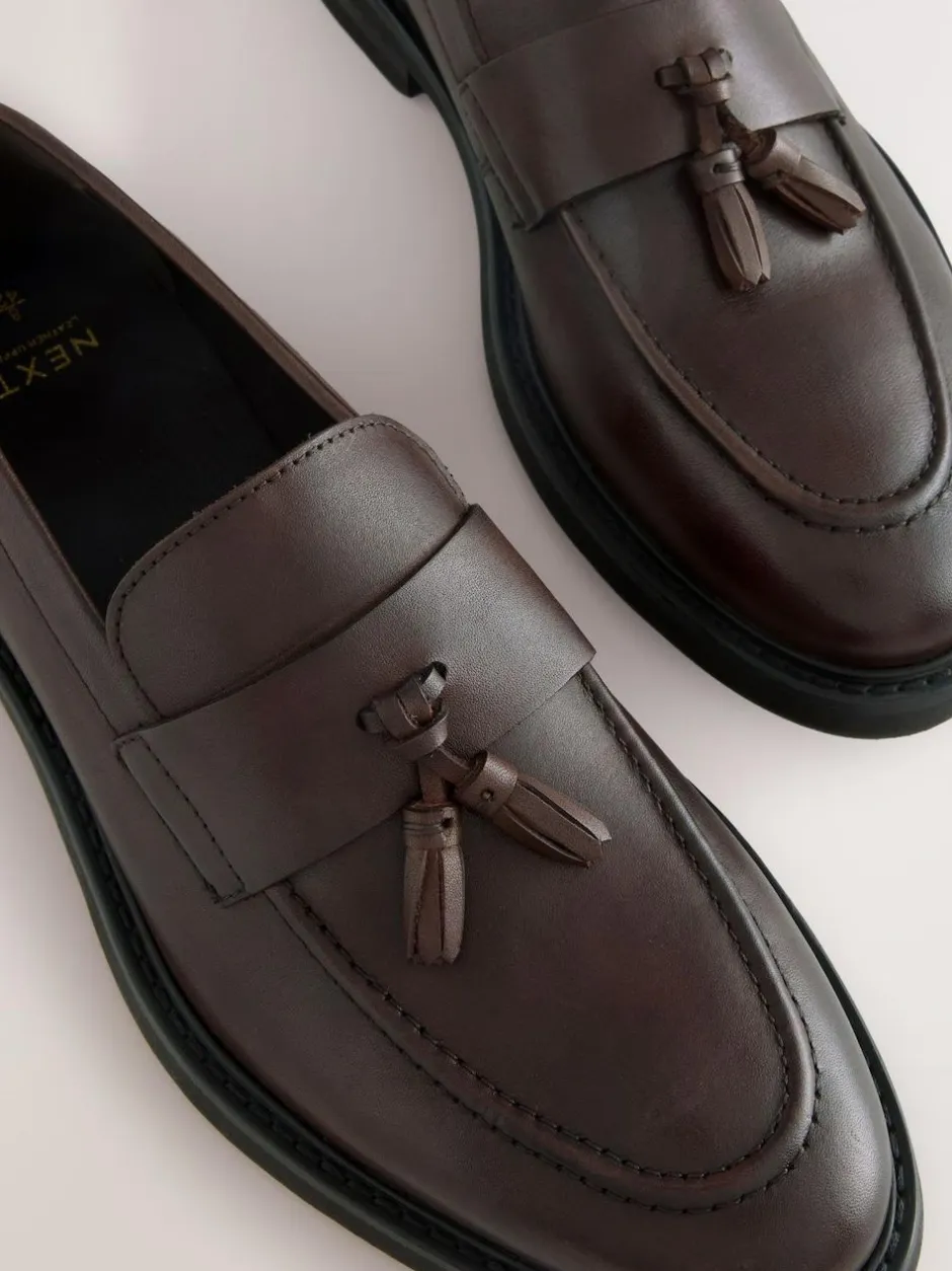 Next Leather Tassel Loafers Brown New