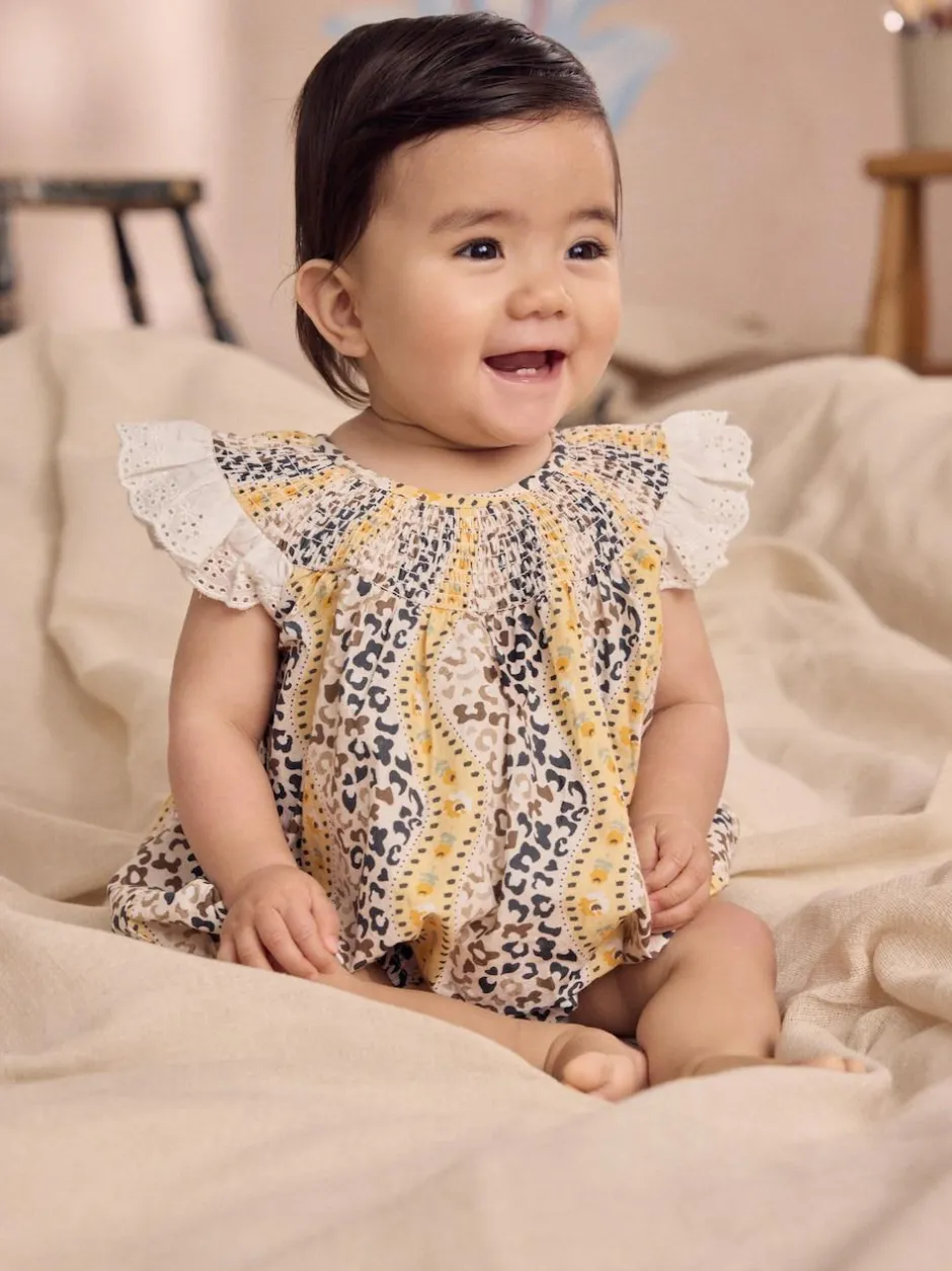 Next 100% Cotton Printed Baby Broderie Romper Brown Patterned Best