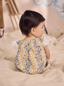 Next 100% Cotton Printed Baby Broderie Romper Brown Patterned Best