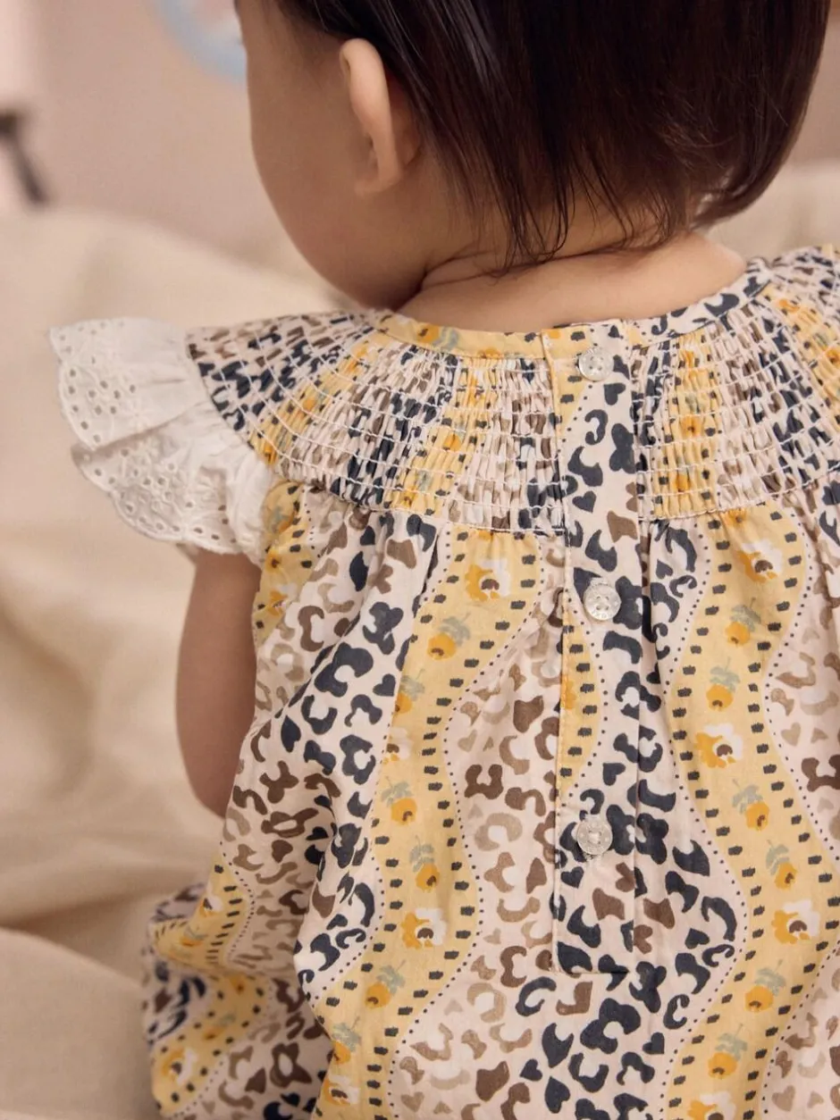 Next 100% Cotton Printed Baby Broderie Romper Brown Patterned Best
