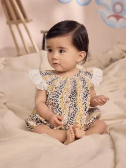 Next 100% Cotton Printed Baby Broderie Romper Brown Patterned Best