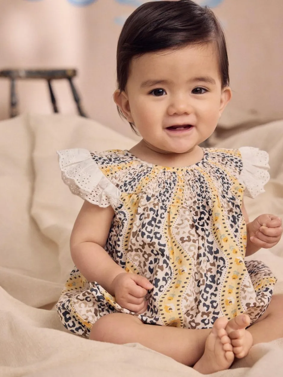 Next 100% Cotton Printed Baby Broderie Romper Brown Patterned Best