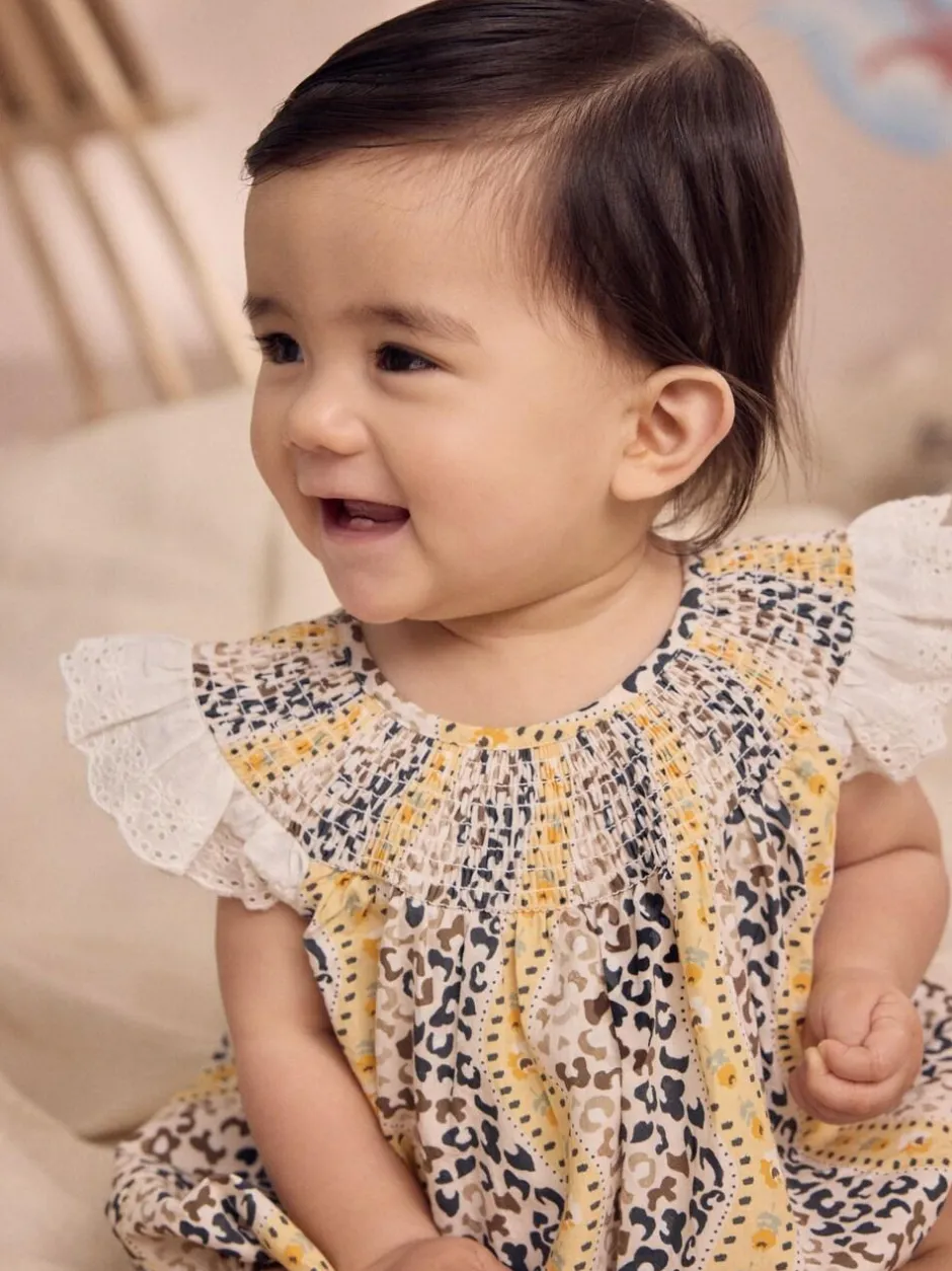 Next 100% Cotton Printed Baby Broderie Romper Brown Patterned Best