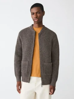 Next Rib Texture Zip Through Cardigan with Wool Brown Outlet