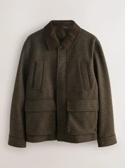 Next Brown Wool Blend Dogtooth Quilted Corduroy Collar Jacket Hot