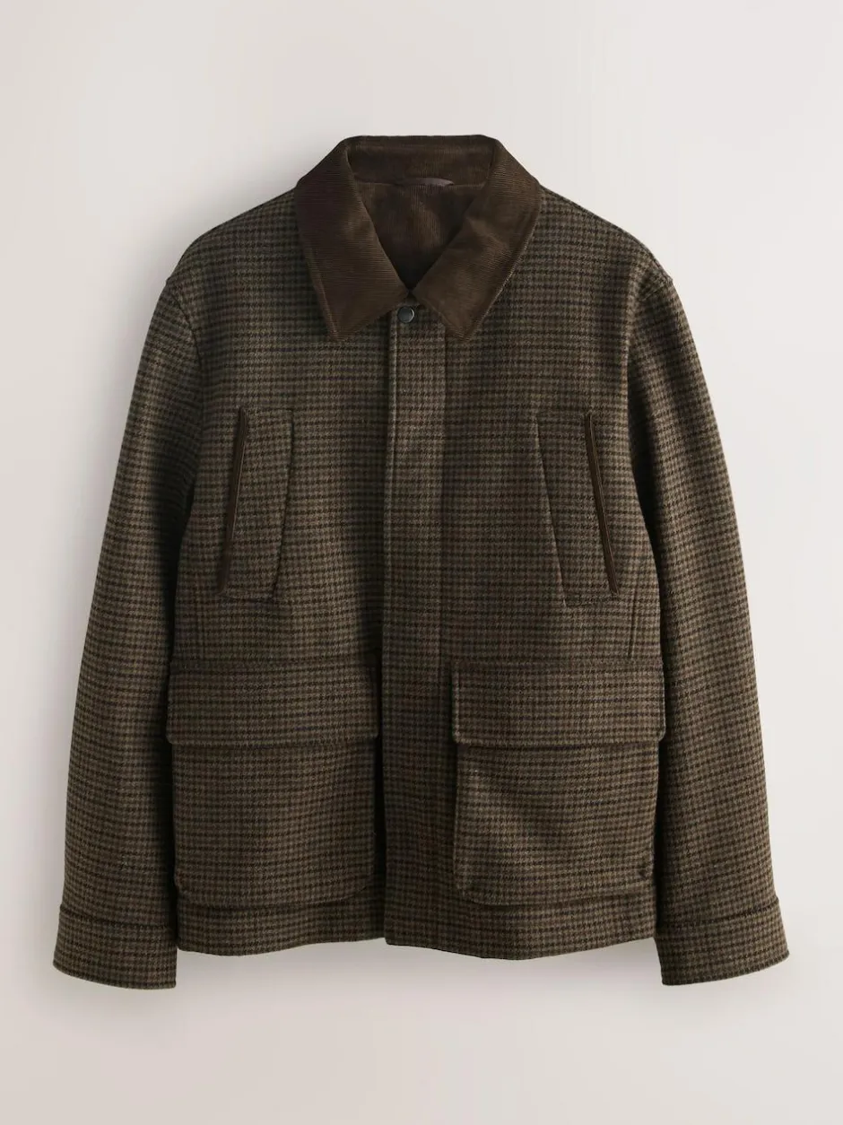 Next Brown Wool Blend Dogtooth Quilted Corduroy Collar Jacket Hot