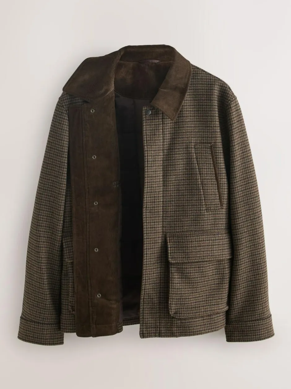 Next Brown Wool Blend Dogtooth Quilted Corduroy Collar Jacket Hot