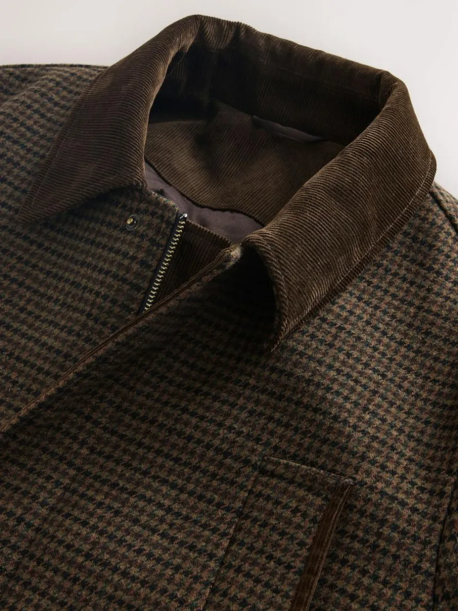 Next Brown Wool Blend Dogtooth Quilted Corduroy Collar Jacket Hot
