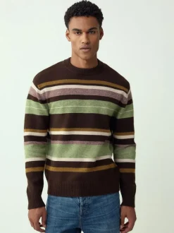 Next Regular Fit Cosy Stripe Crew Jumper with Wool Brown/Sage Green Outlet