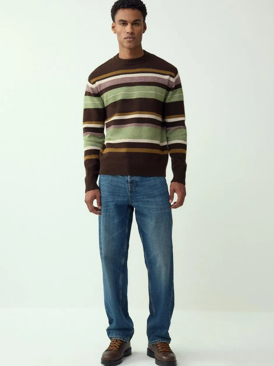 Next Regular Fit Cosy Stripe Crew Jumper with Wool Brown/Sage Green Outlet
