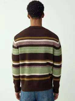 Next Regular Fit Cosy Stripe Crew Jumper with Wool Brown/Sage Green Outlet