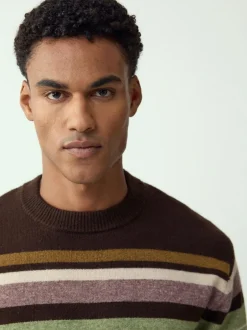 Next Regular Fit Cosy Stripe Crew Jumper with Wool Brown/Sage Green Outlet