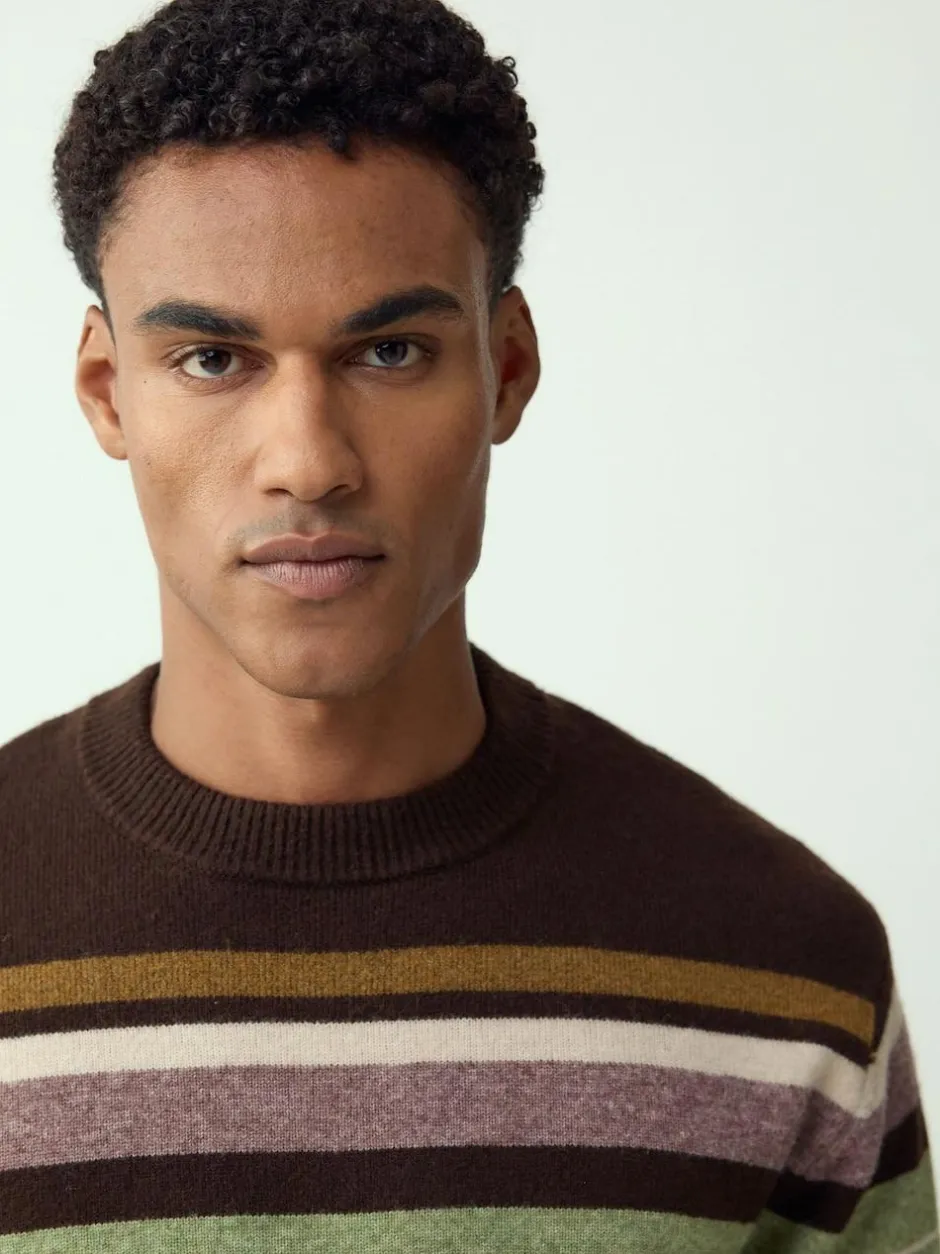 Next Regular Fit Cosy Stripe Crew Jumper with Wool Brown/Sage Green Outlet