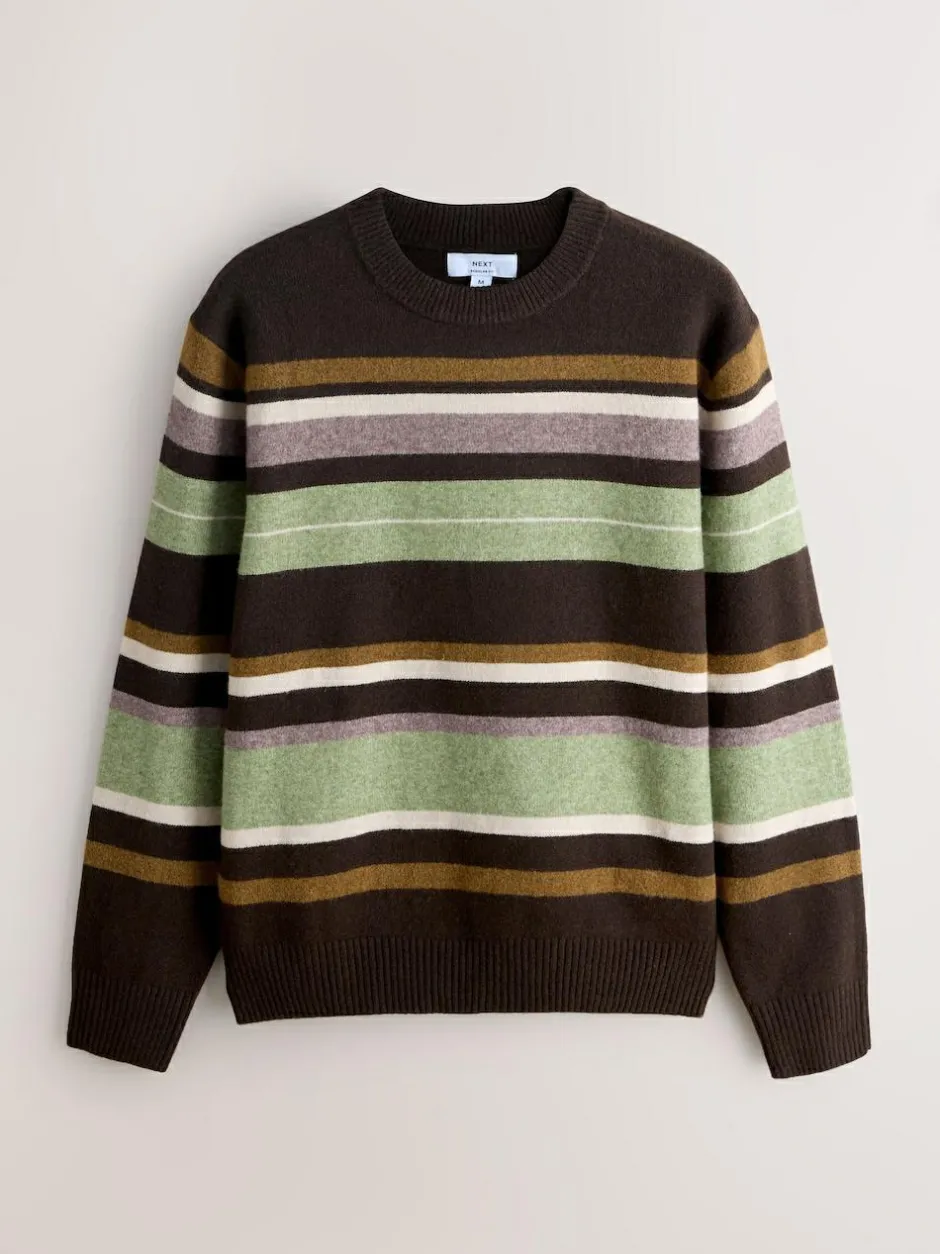 Next Regular Fit Cosy Stripe Crew Jumper with Wool Brown/Sage Green Outlet