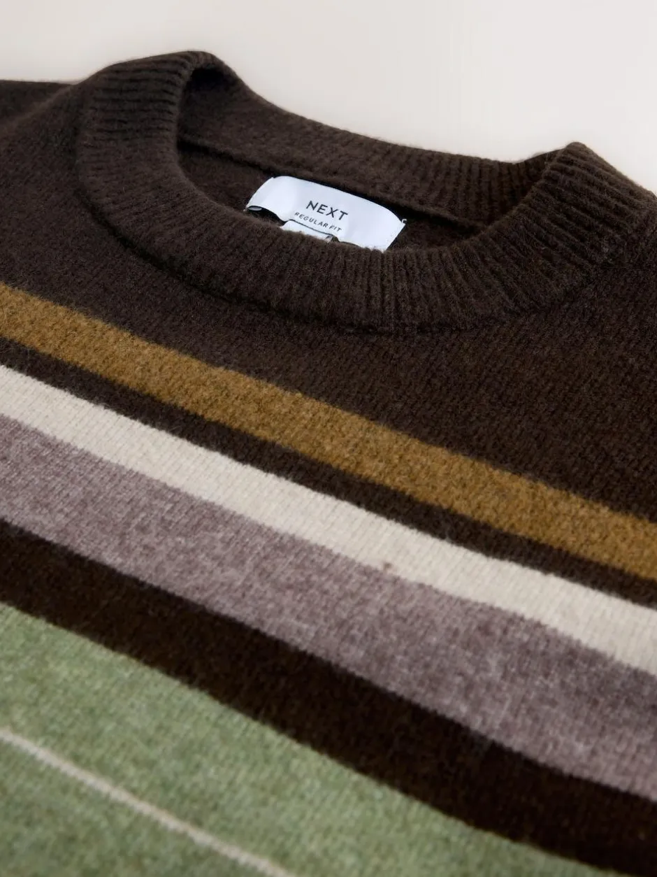 Next Regular Fit Cosy Stripe Crew Jumper with Wool Brown/Sage Green Outlet
