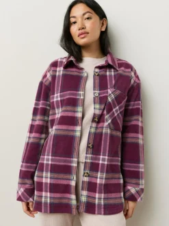 Next Polar Fleece Shacket Burgundy Red Check Discount