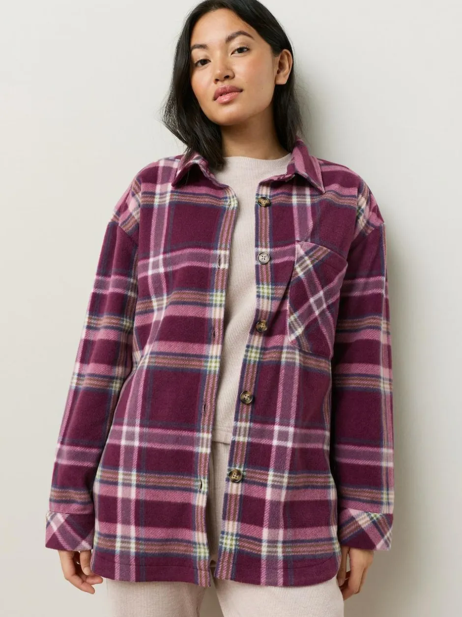 Next Polar Fleece Shacket Burgundy Red Check Discount