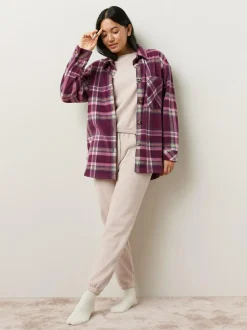 Next Polar Fleece Shacket Burgundy Red Check Discount