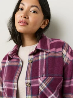 Next Polar Fleece Shacket Burgundy Red Check Discount