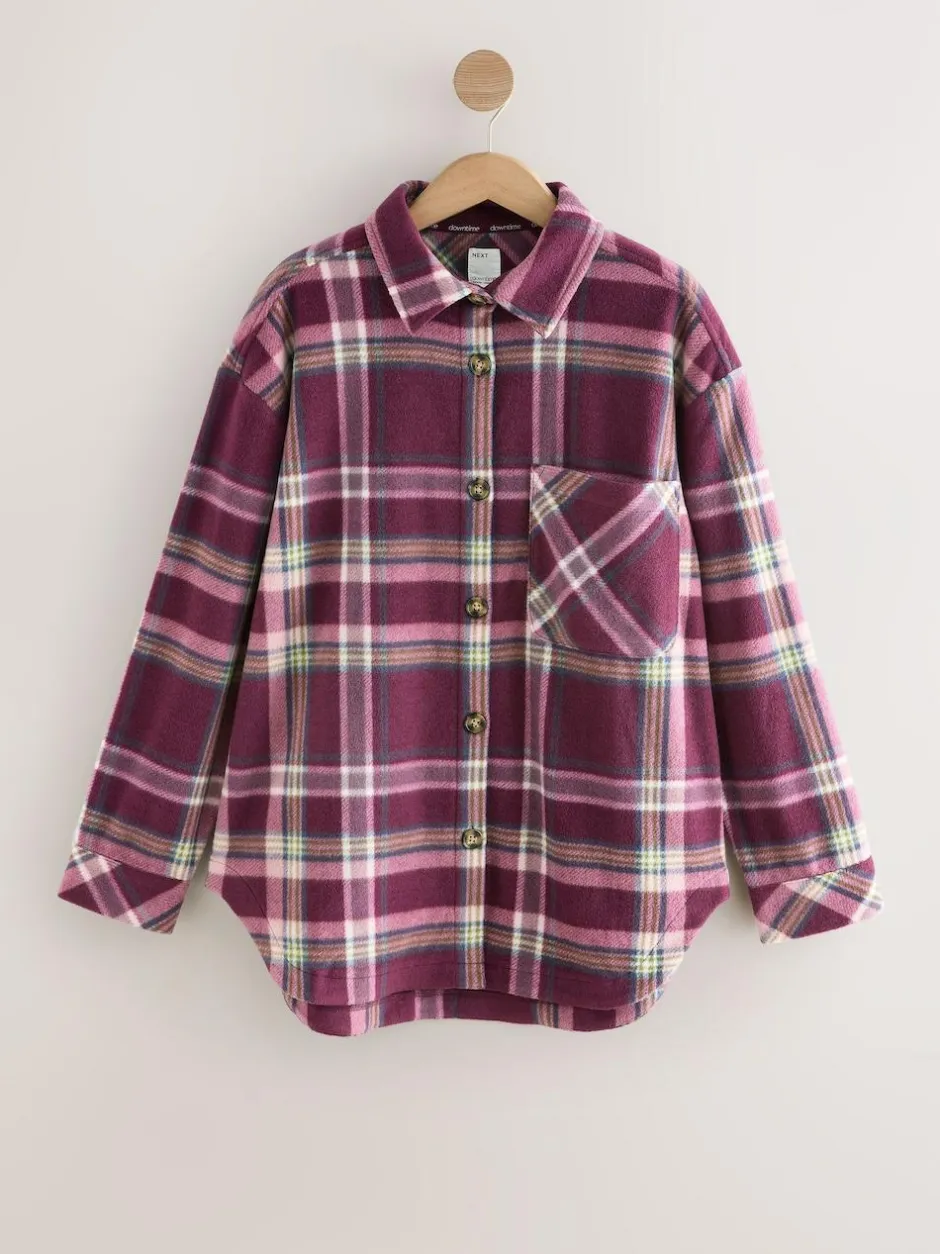 Next Polar Fleece Shacket Burgundy Red Check Discount
