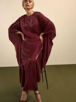 Next Kaftan Shimmer Maxi Dress Burgundy Red Hot