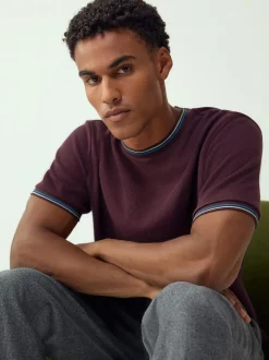 Next Regular Fit & 100% Cotton Textured Tipped T-Shirt Burgundy Red Outlet
