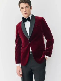 Next Slim Fit Signature Pontoglio Italian Velvet Blazer With Shawl Lapel Burgundy Red Discount