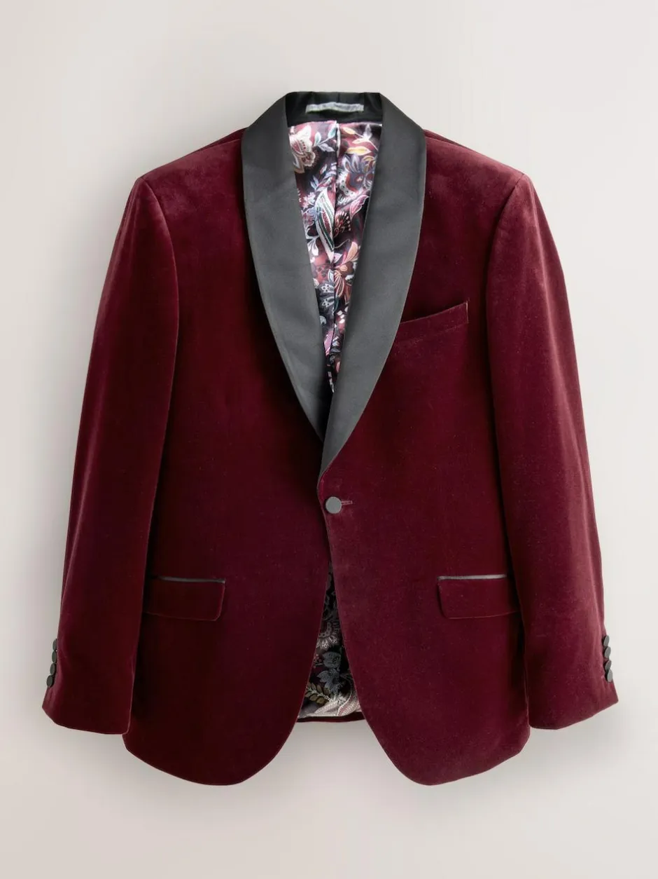 Next Slim Fit Signature Pontoglio Italian Velvet Blazer With Shawl Lapel Burgundy Red Discount