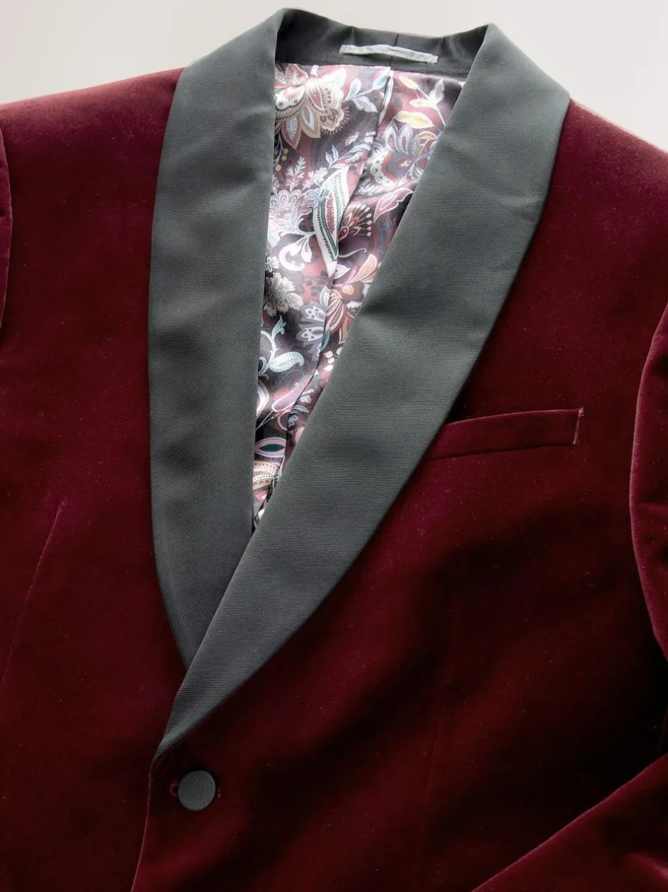 Next Slim Fit Signature Pontoglio Italian Velvet Blazer With Shawl Lapel Burgundy Red Discount
