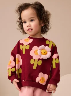 Next Crew Neck Sweatshirt (3mths-7yrs) Burgundy Red Smiley Flower Print Sale