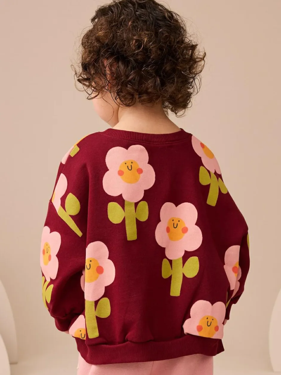 Next Crew Neck Sweatshirt (3mths-7yrs) Burgundy Red Smiley Flower Print Sale