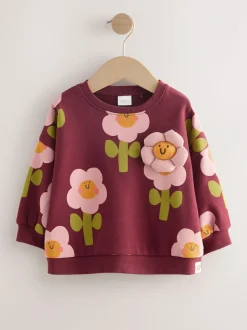 Next Crew Neck Sweatshirt (3mths-7yrs) Burgundy Red Smiley Flower Print Sale