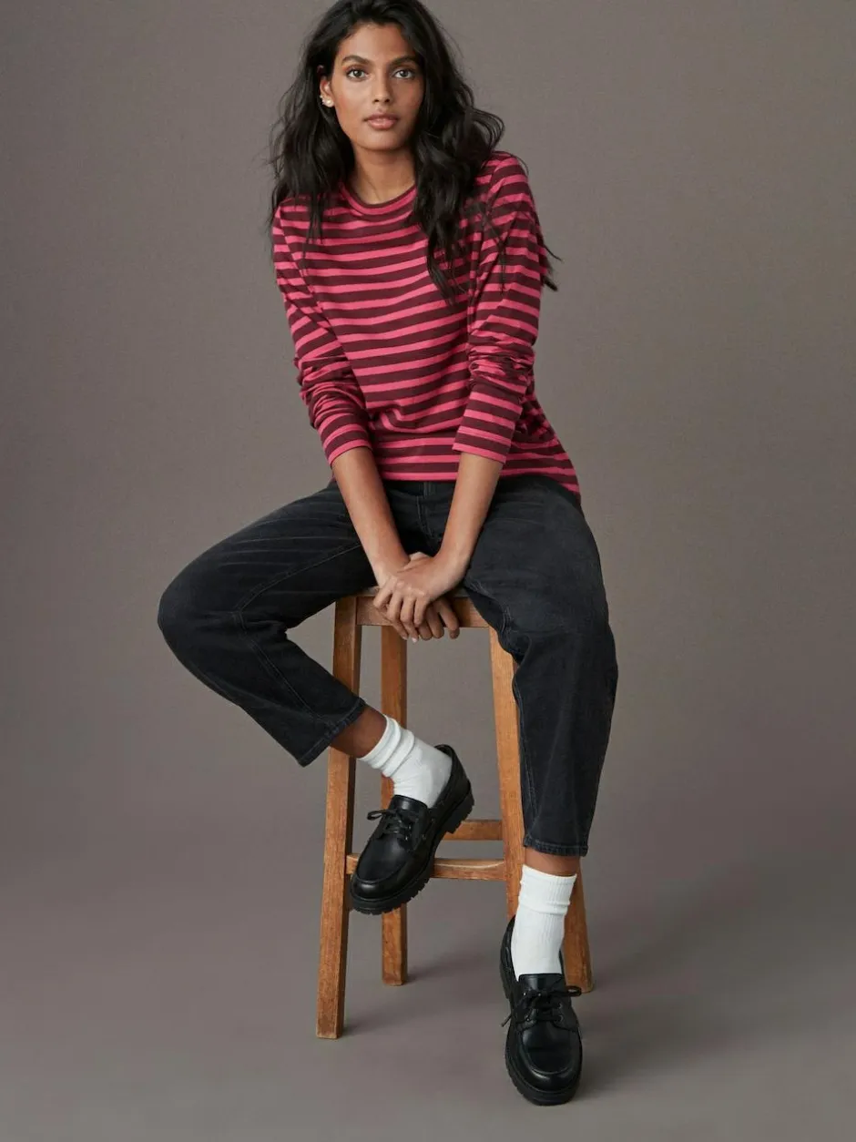 Next Burgundy Red Stripe Long Sleeve Crew Neck T-Shirt