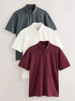 Next Burgundy Red/Charcoal Grey/Ecru Cream Regular Fit Short Sleeve Jersey Polo Shirts 3 Pack Sale