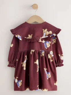 Next Burgundy Teddy Bear Long Sleeve Collared Dress (3mths-7yrs)
