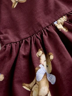Next Burgundy Teddy Bear Long Sleeve Collared Dress (3mths-7yrs)