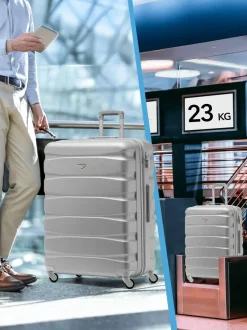 CABIN PRO Silver Set of 2 Medium & Large Check-In Hold Luggage Hardcase Travel Suitcases Hot