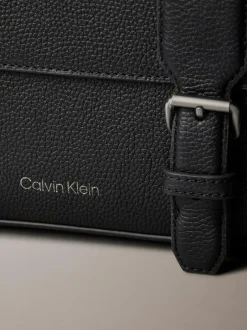 Calvin Klein Black Leather Flap Messenger Bag