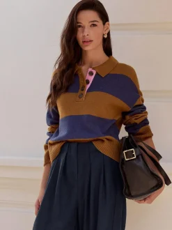 Next 100% Wool N.Premium Polo Jumper Camel Brown/Blue Stripe Sale