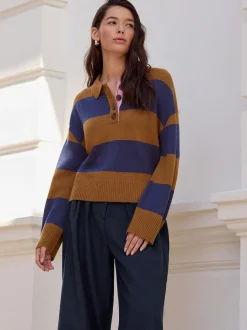 Next 100% Wool N.Premium Polo Jumper Camel Brown/Blue Stripe Sale